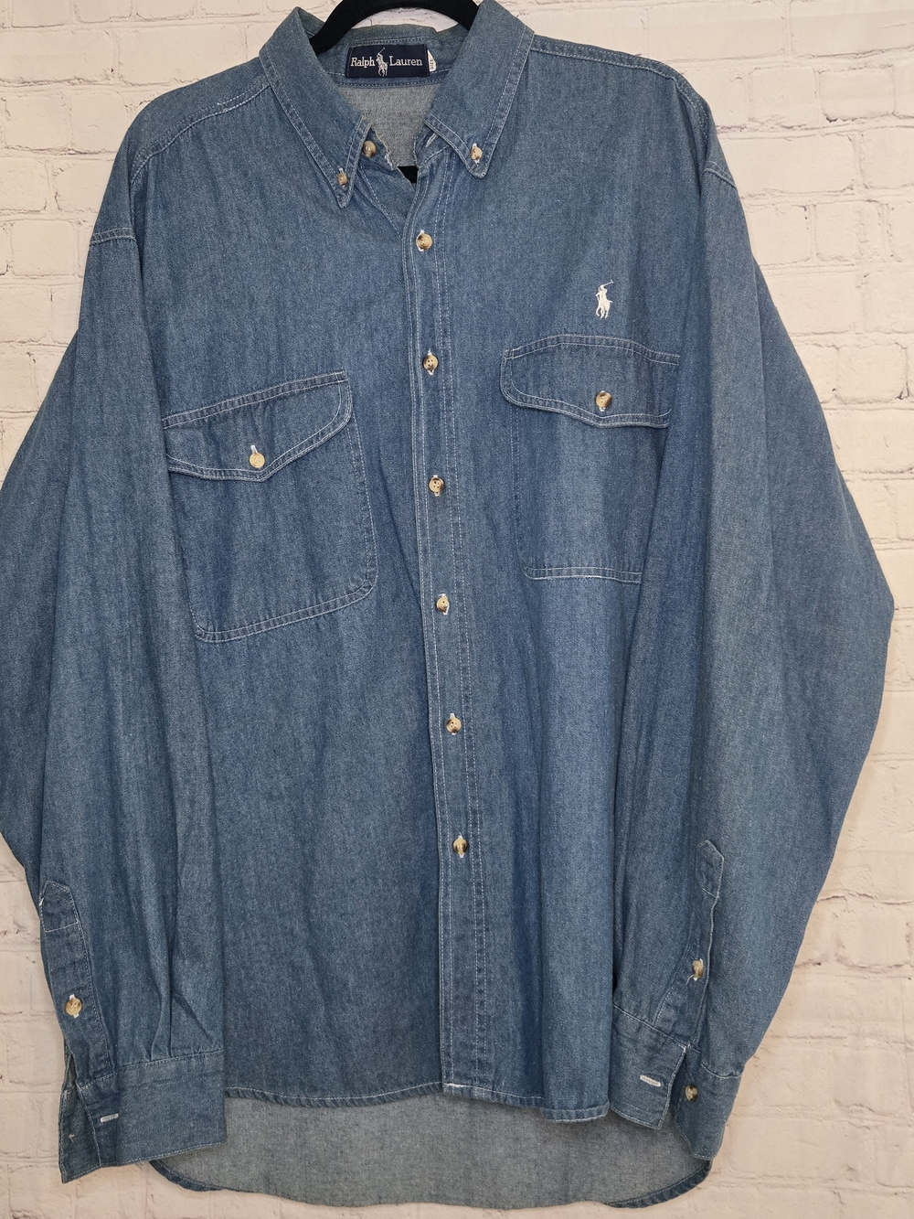 Vtg 90s Ralph Lauren Polo Big Shirt Denim White Pony Mens 2X Heritage Western